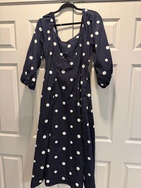 Polka Dot Navy Midi Dress with Puff Sleeves